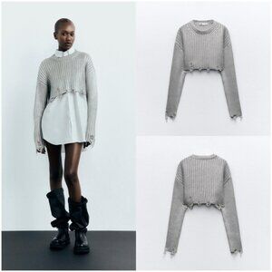 Zara ZW Collection CONTRAST TRIM KNITTED POLO SWEATER Silver / Metallic Size L